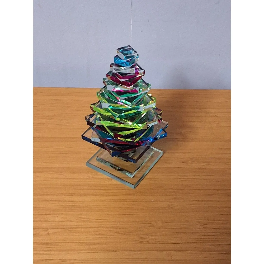 M+J G Signed Dichroic Art Glass Christmas Tree Figurine Iridescent